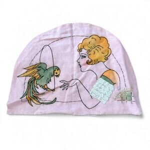 Vintage Embroidered Textile Girl & Parrot